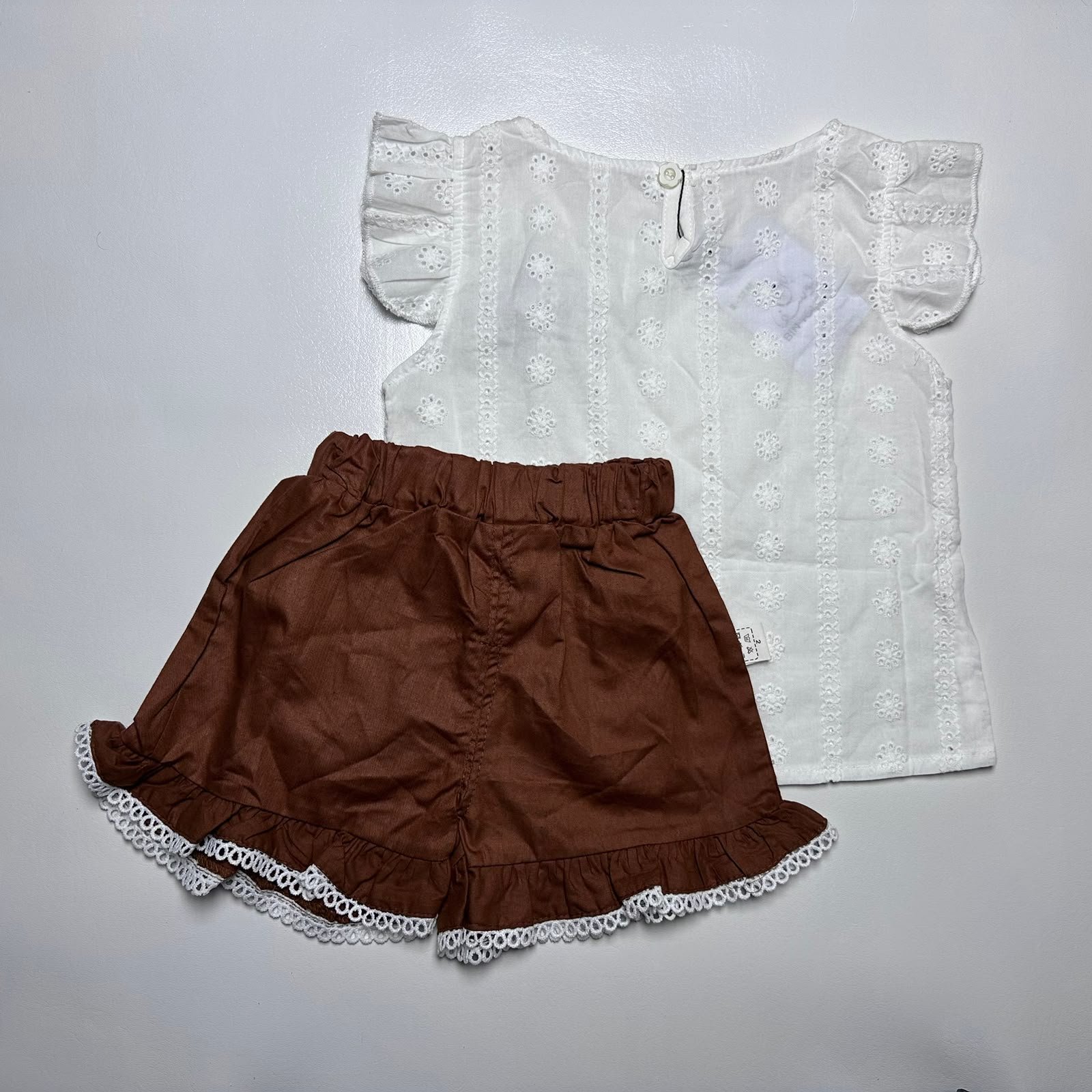 White and Brown Baby Girl Top and Shorts Set - Image 2