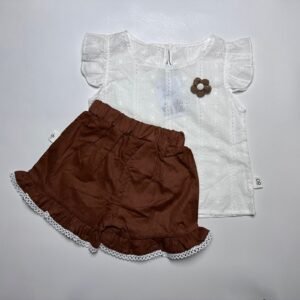 White and Brown Baby Girl Top and Shorts Set