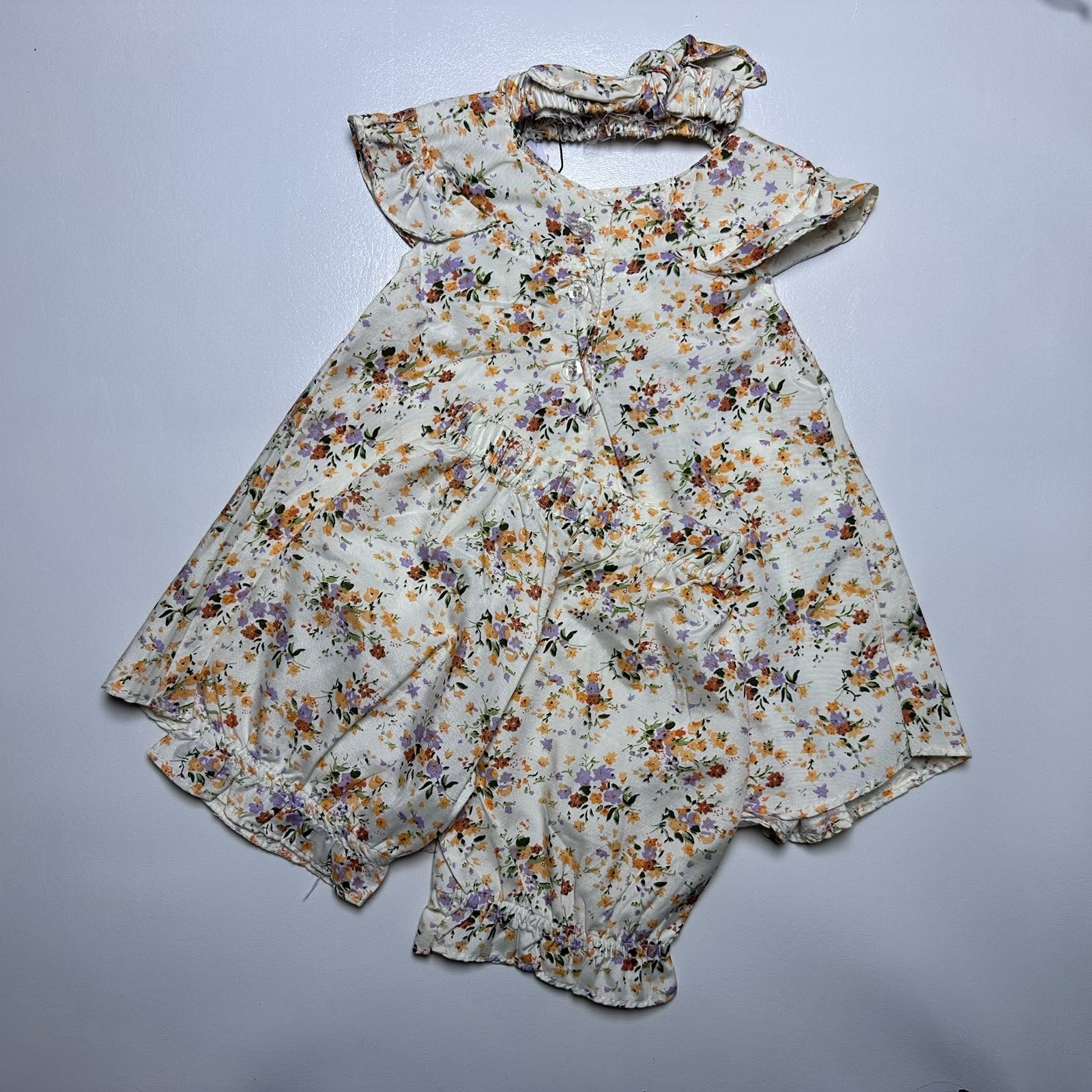 Baby Girls Floral Print Frock and Bloomer Set with Matching Headband - Image 2