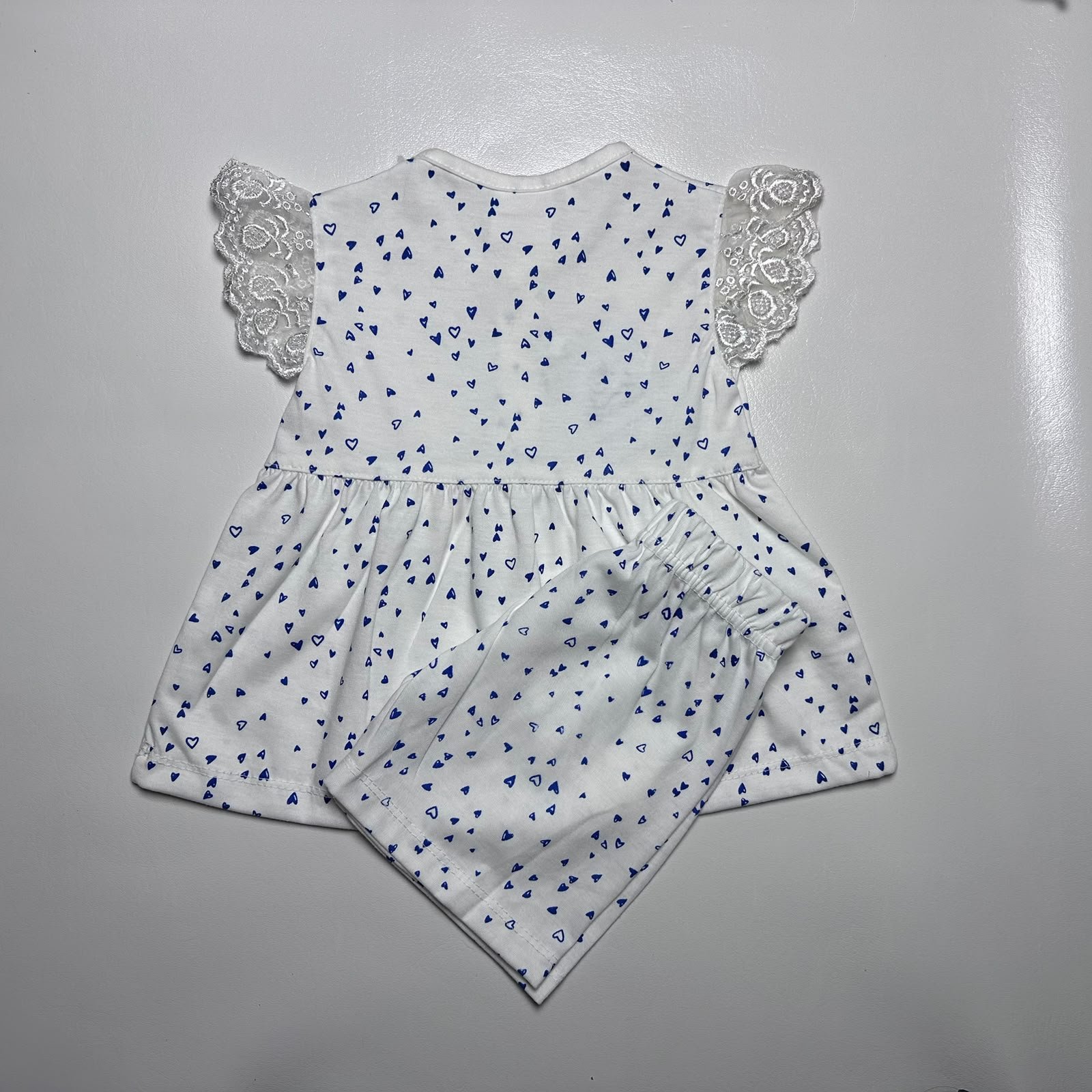 Baby Girls White Frock and Trouser Set with Heart Print & Lace Sleeves - Image 4