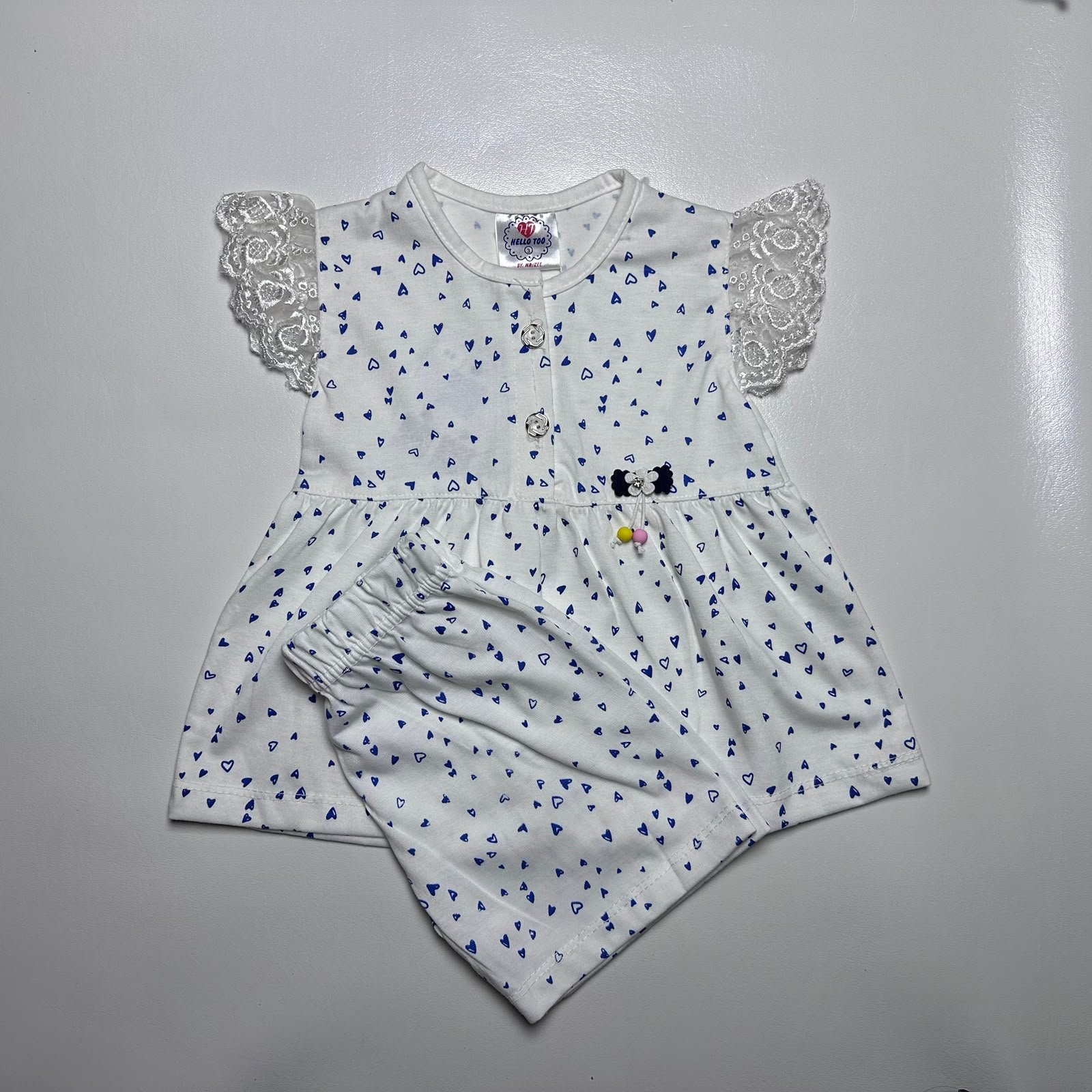Baby Girls White Frock and Trouser Set with Heart Print & Lace Sleeves - Image 3
