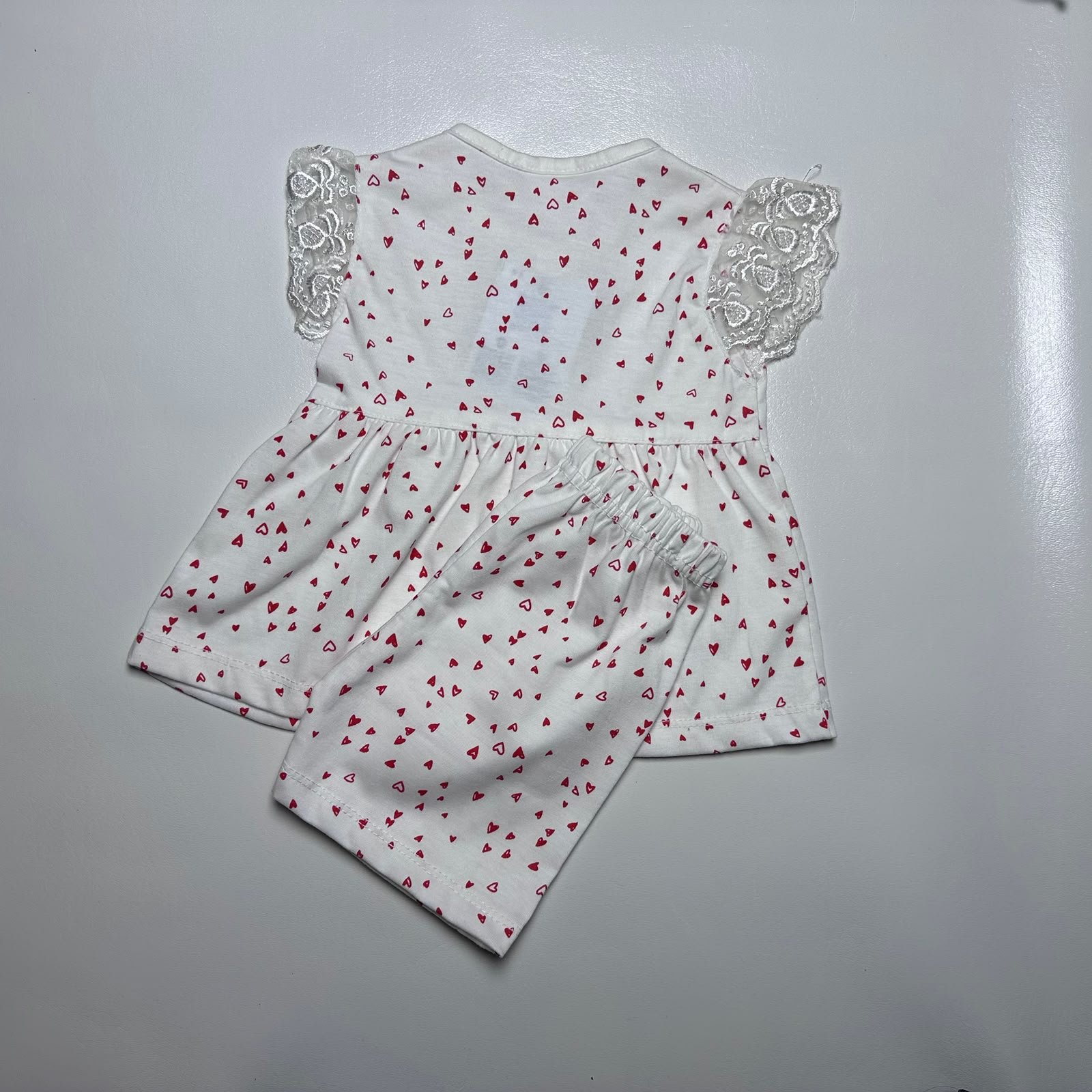 Baby Girls White Frock and Trouser Set with Heart Print & Lace Sleeves - Image 2