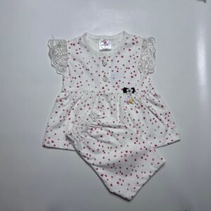 Baby Girls White Frock and Trouser Set with Heart Print & Lace Sleeves