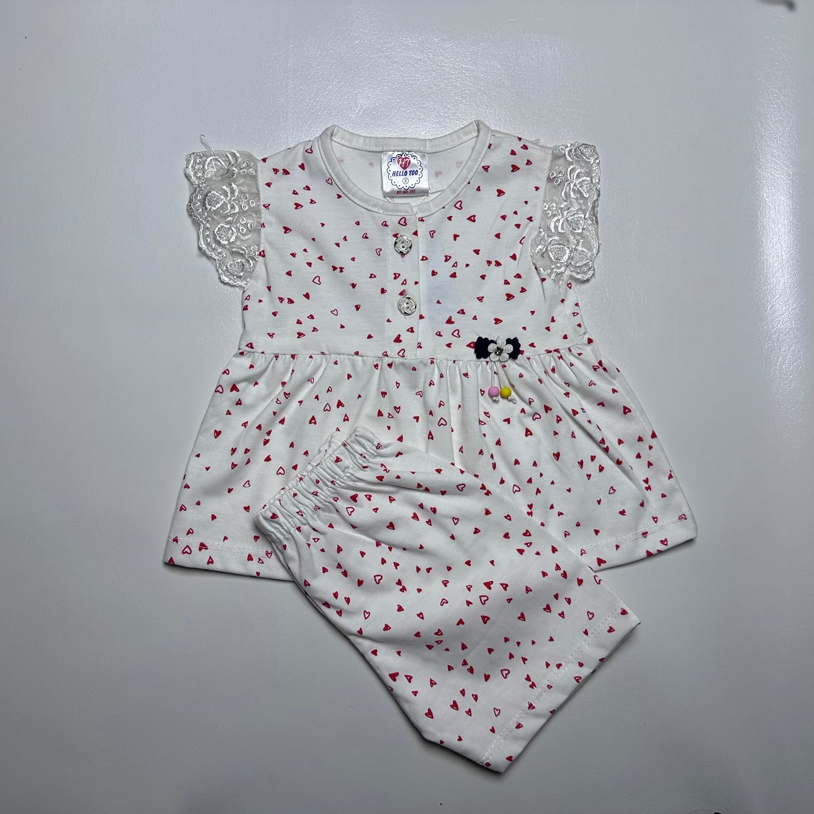 Baby Girls White Frock and Trouser Set with Heart Print & Lace Sleeves