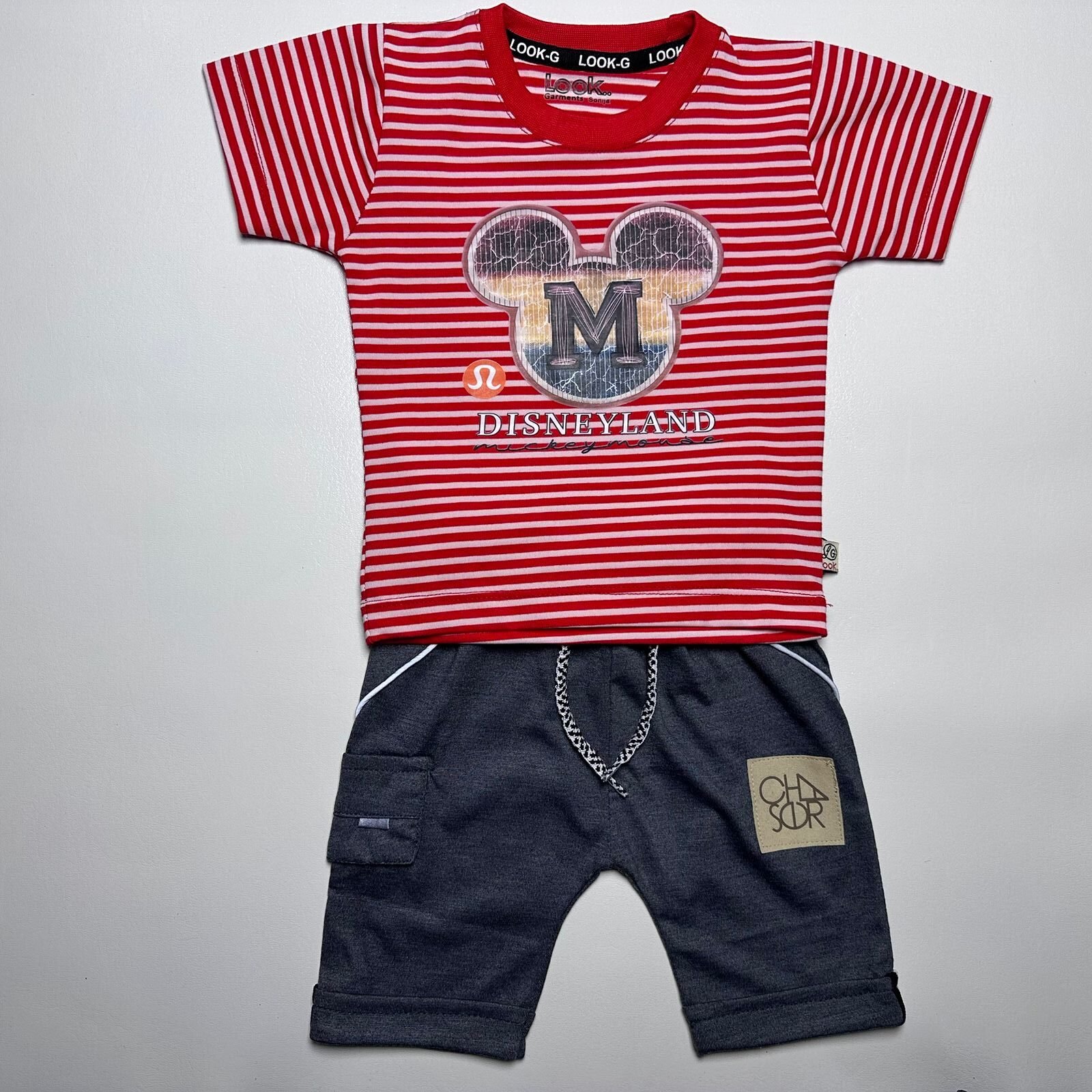 Red Striped Disneyland Mickey Mouse Outfit with Grey Shorts - Image 6