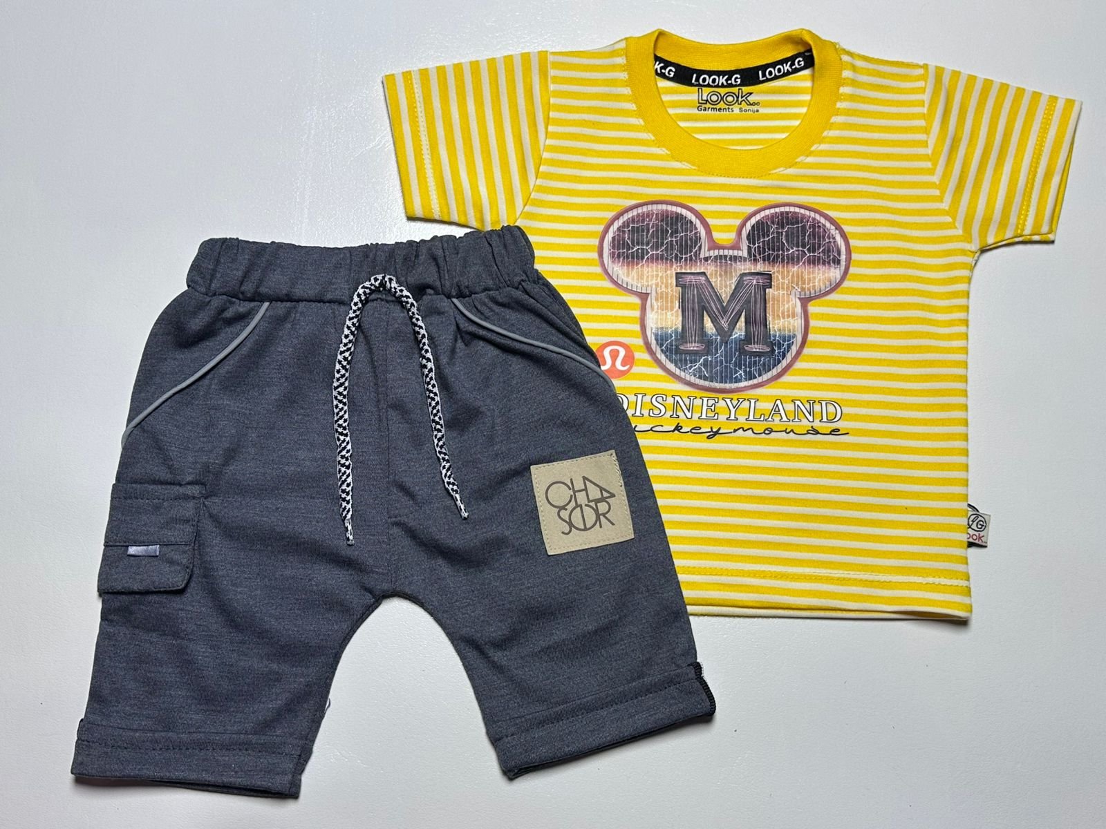 Red Striped Disneyland Mickey Mouse Outfit with Grey Shorts