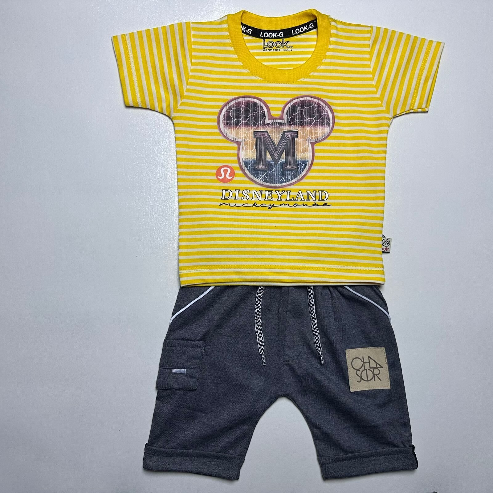 Red Striped Disneyland Mickey Mouse Outfit with Grey Shorts - Image 3