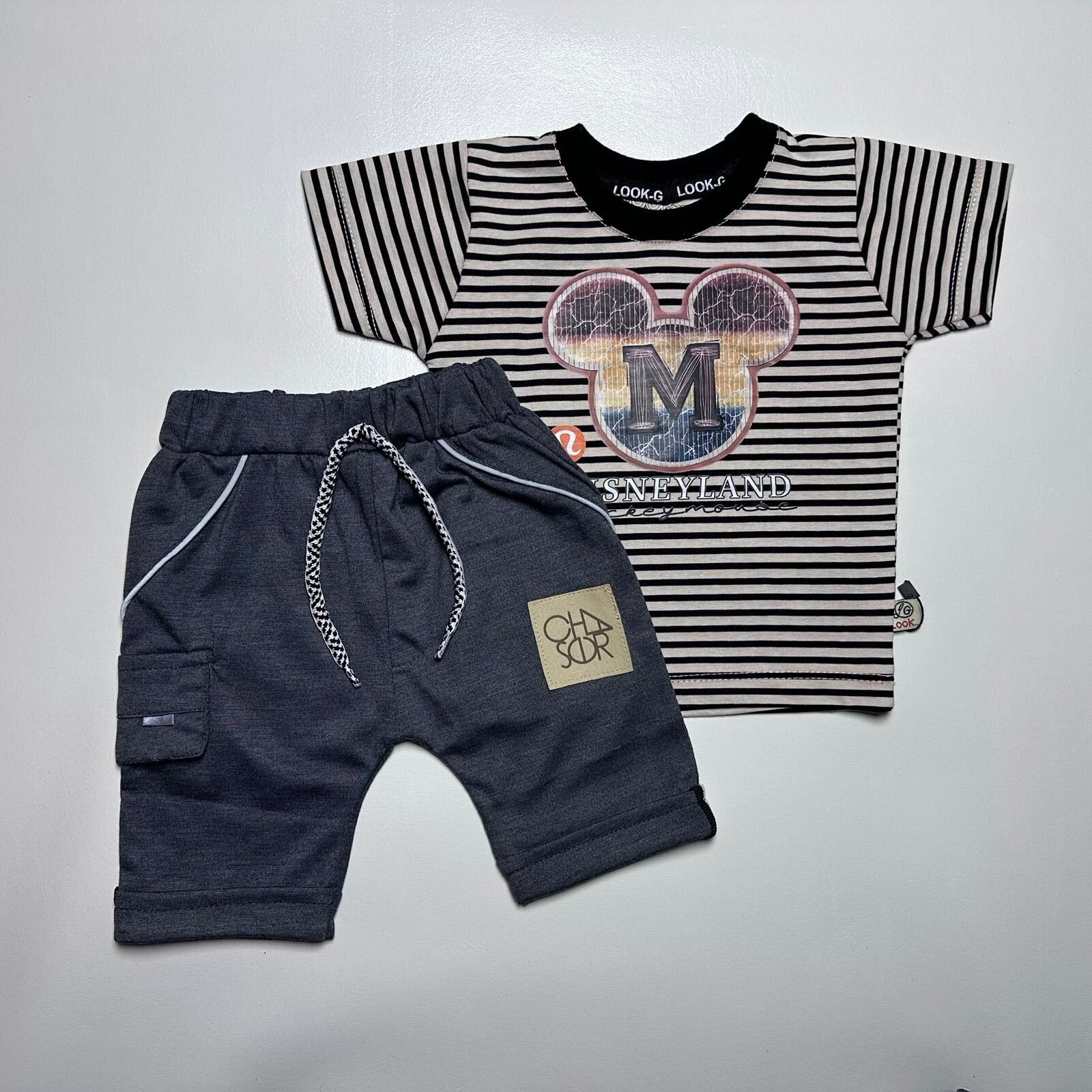 Red Striped Disneyland Mickey Mouse Outfit with Grey Shorts - Image 7