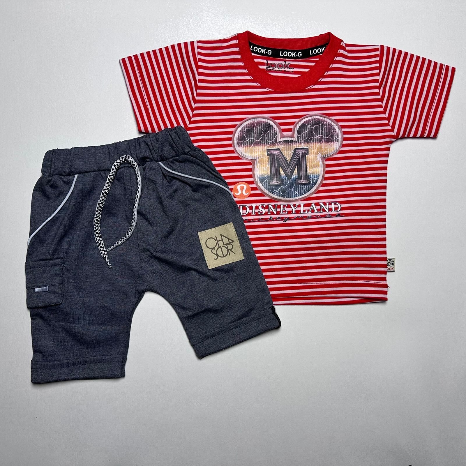 Red Striped Disneyland Mickey Mouse Outfit with Grey Shorts - Image 4