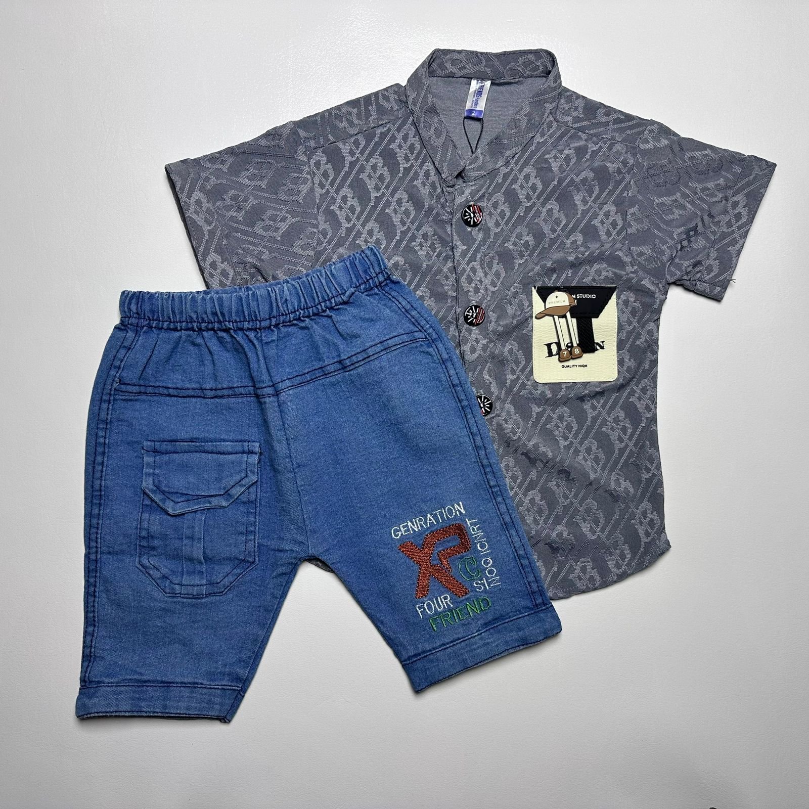 Boys Printed Button-Down Shirt and Denim Shorts Set - Image 7