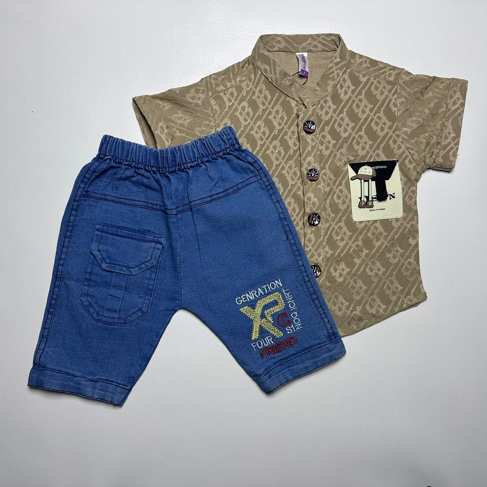 Boys Printed Button-Down Shirt and Denim Shorts Set - Image 4