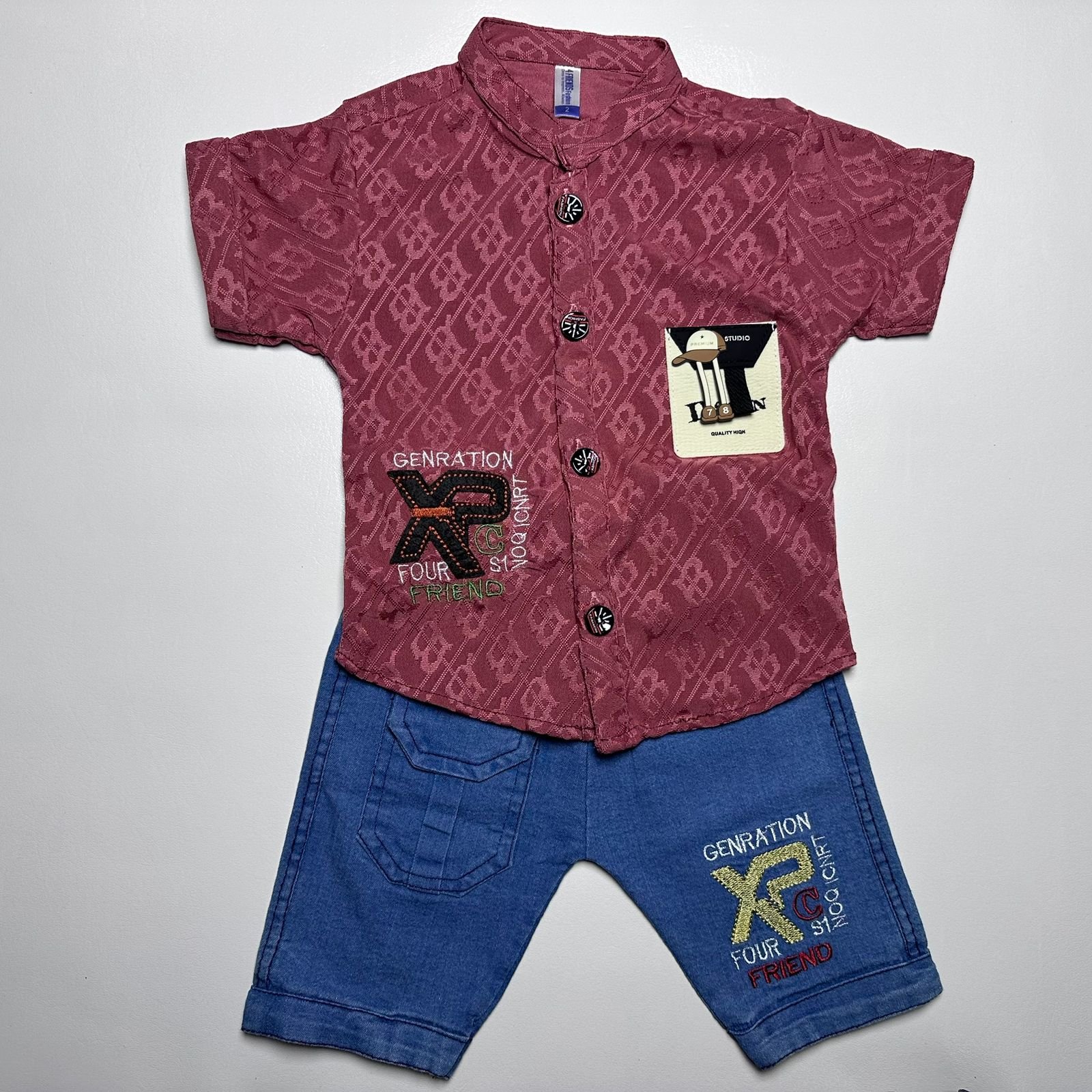 Boys Printed Button-Down Shirt and Denim Shorts Set - Image 3