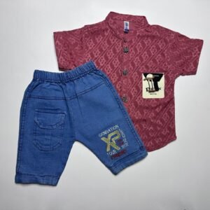 Boys Printed Button-Down Shirt and Denim Shorts Set