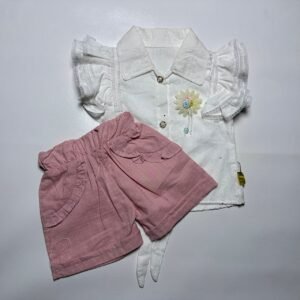 Baby Girls White Sparkly Shirt and Pink Ruffled Shorts Set