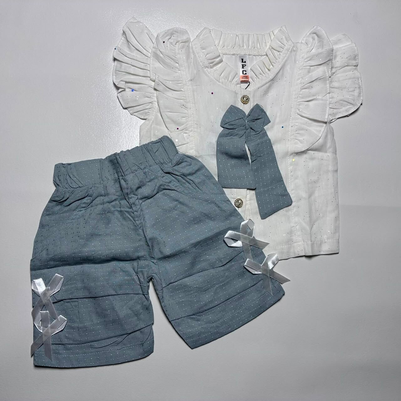 Baby Girls Ruffled Sparkly Top and Bow-Accented Shorts Set