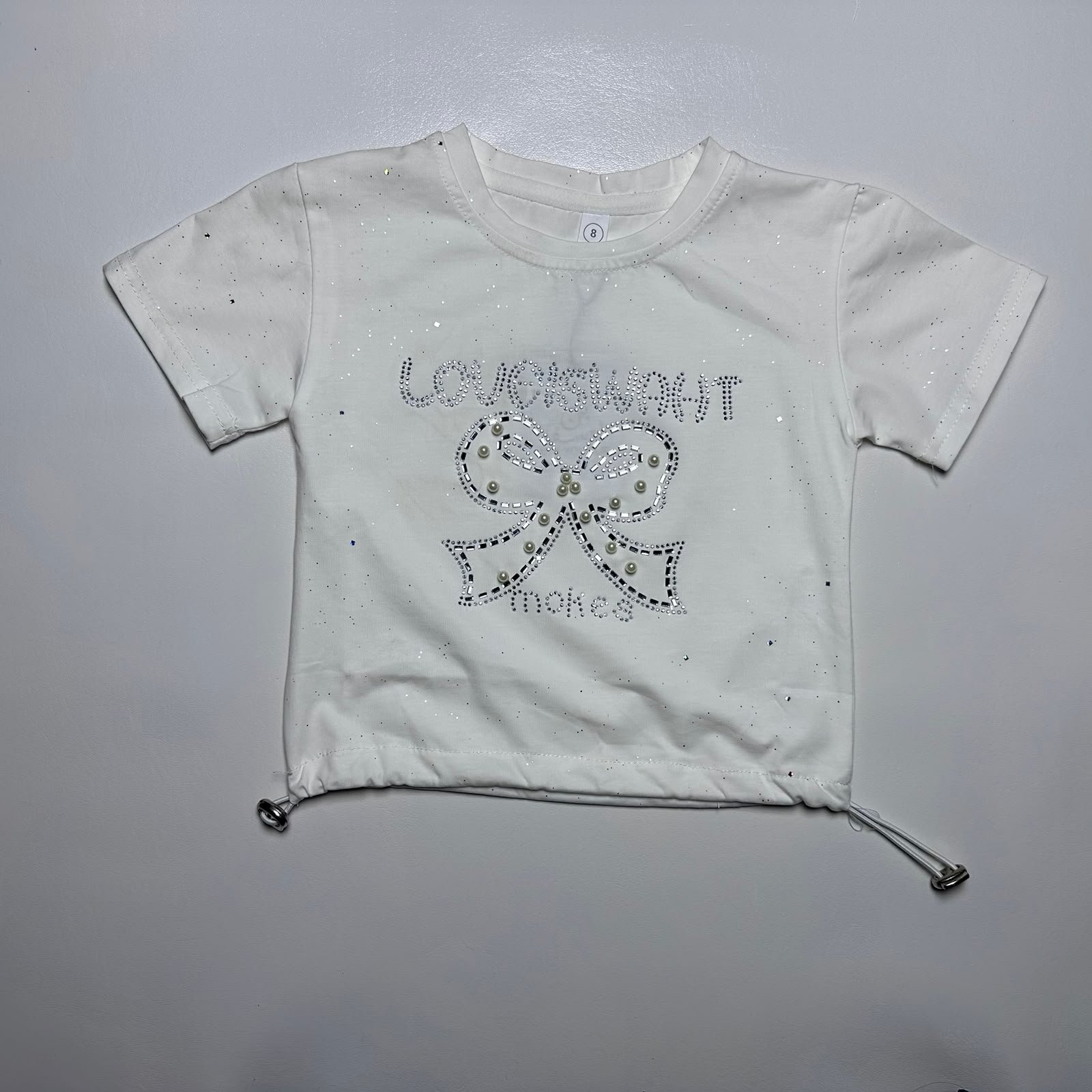Baby Girls White Sparkly T-Shirt and Trouser Set with Rhinestone Bow Design - Image 3