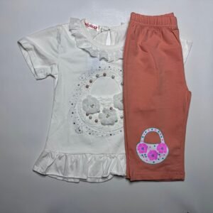 Baby Girls White Peplum Top and Peach Trouser Set with Handbag Print