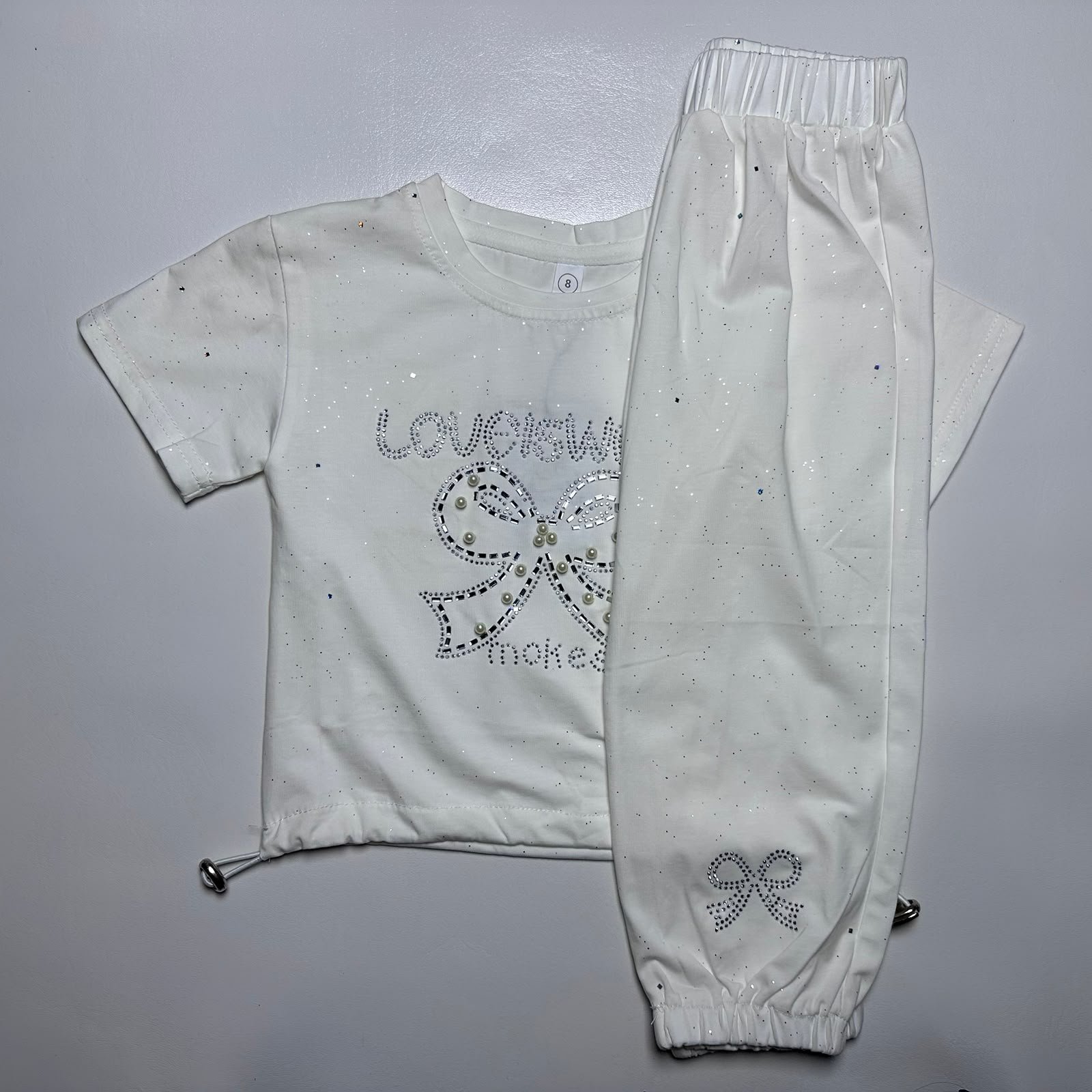 Baby Girls White Sparkly T-Shirt and Trouser Set with Rhinestone Bow Design