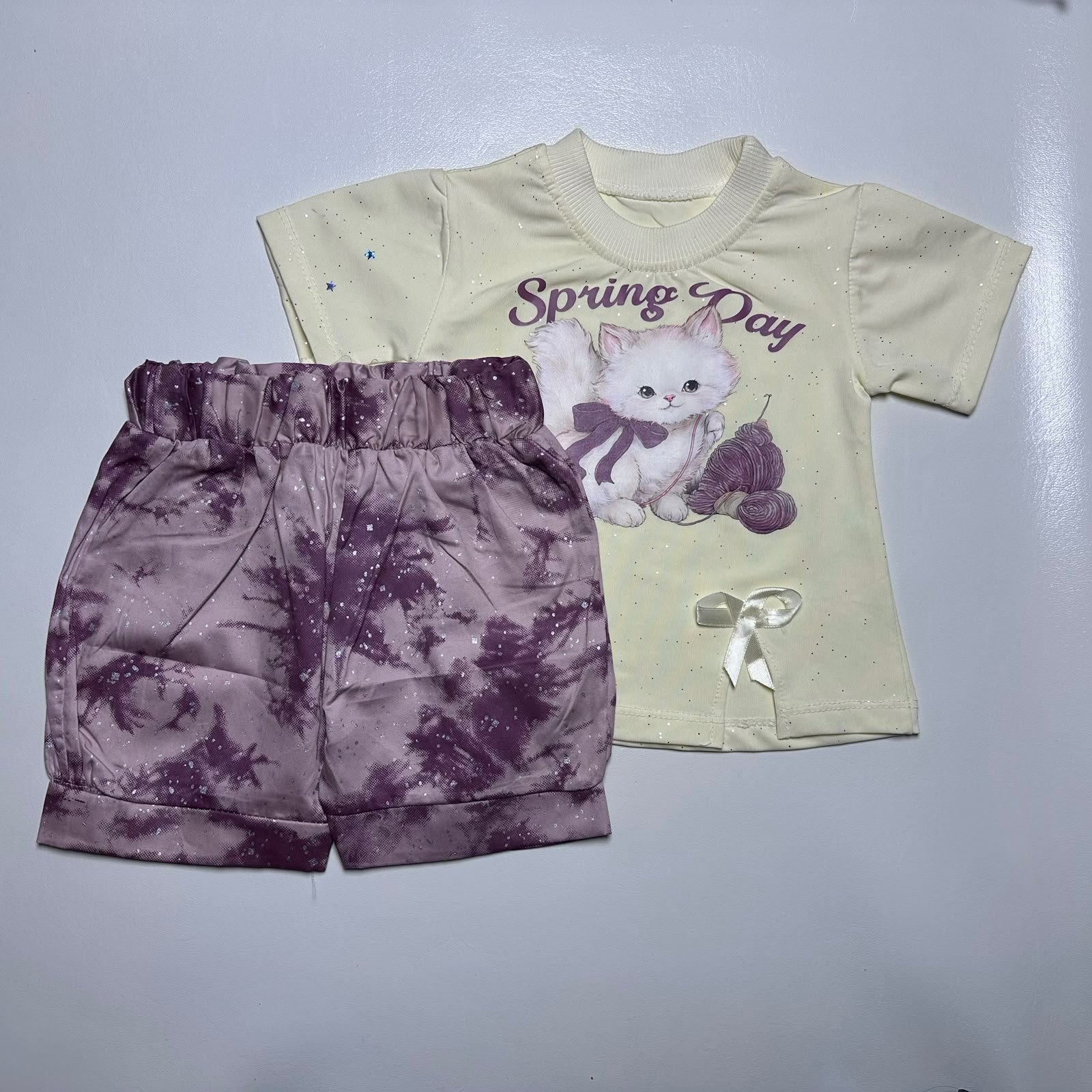 Cat Print T-Shirt and Tie-Dye Shorts Set - Image 7
